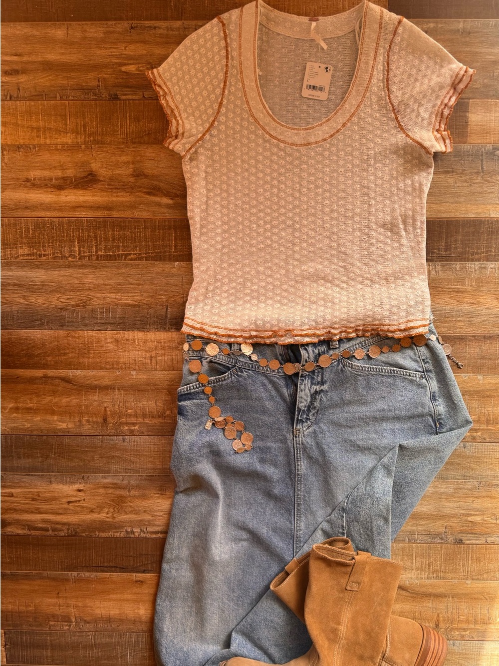 Free People Tied To You Tee Geometric Short Sleeve Top Pink & White Size Large